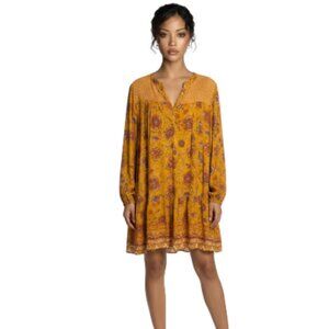 Farmers Market Large Long Sleeve Mustard Gold Printed BOHO Dress EUC